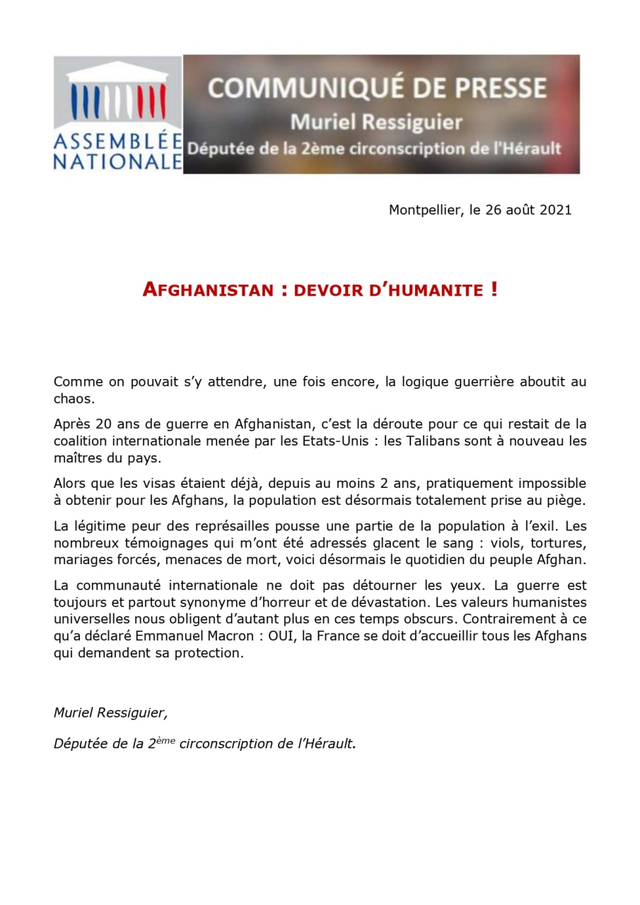 Communiqué de presse : Afghanistan : Devoir d’humanité