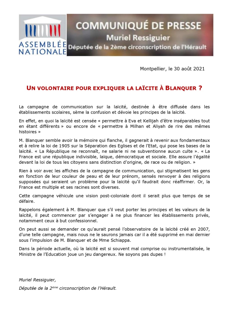 COMMUNIQUE DE PRESSE : UN VOLONTAIRE POUR EXPLIQUER LA LAÏCITE À BLANQUER ?