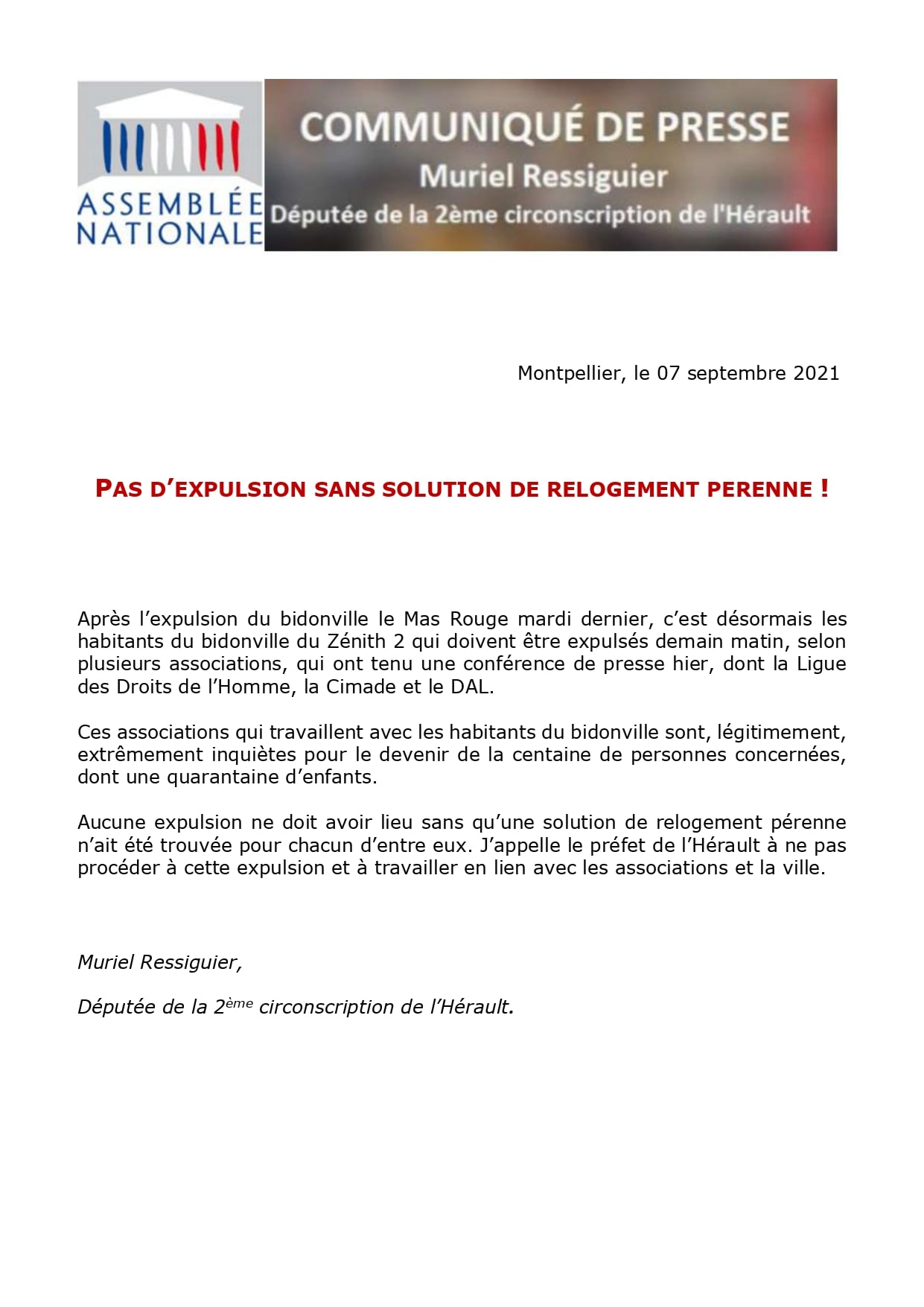 COMMUNIQUÉ DE PRESSE : PAS D’EXPULSION SANS SOLUTION DE RELOGEMENT PERENNE !