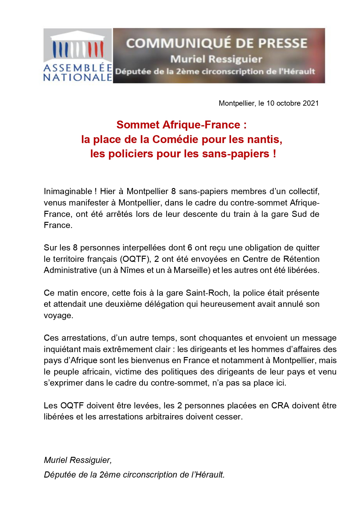 Communiqué de presse : Sommet Afrique-France : la place de la Comédie pour les nantis, les policiers pour les sans-papiers !