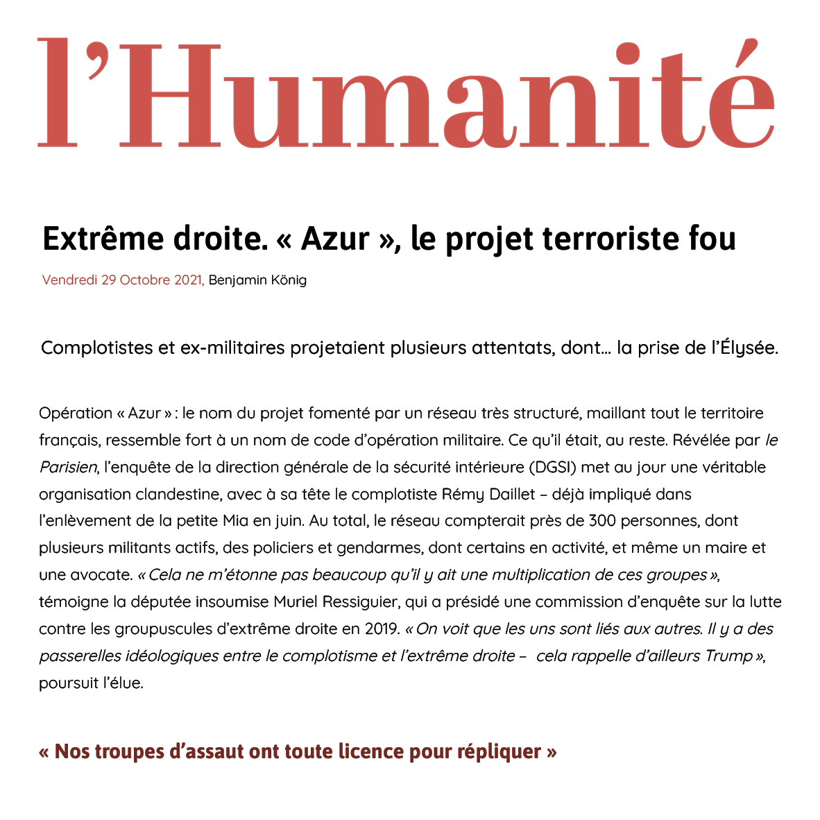 Interview dans L’Humanité, sur l’opération « Azur » diligentée par l’Extreme Droite qui projetait  plusieurs attaques sur le territoire
