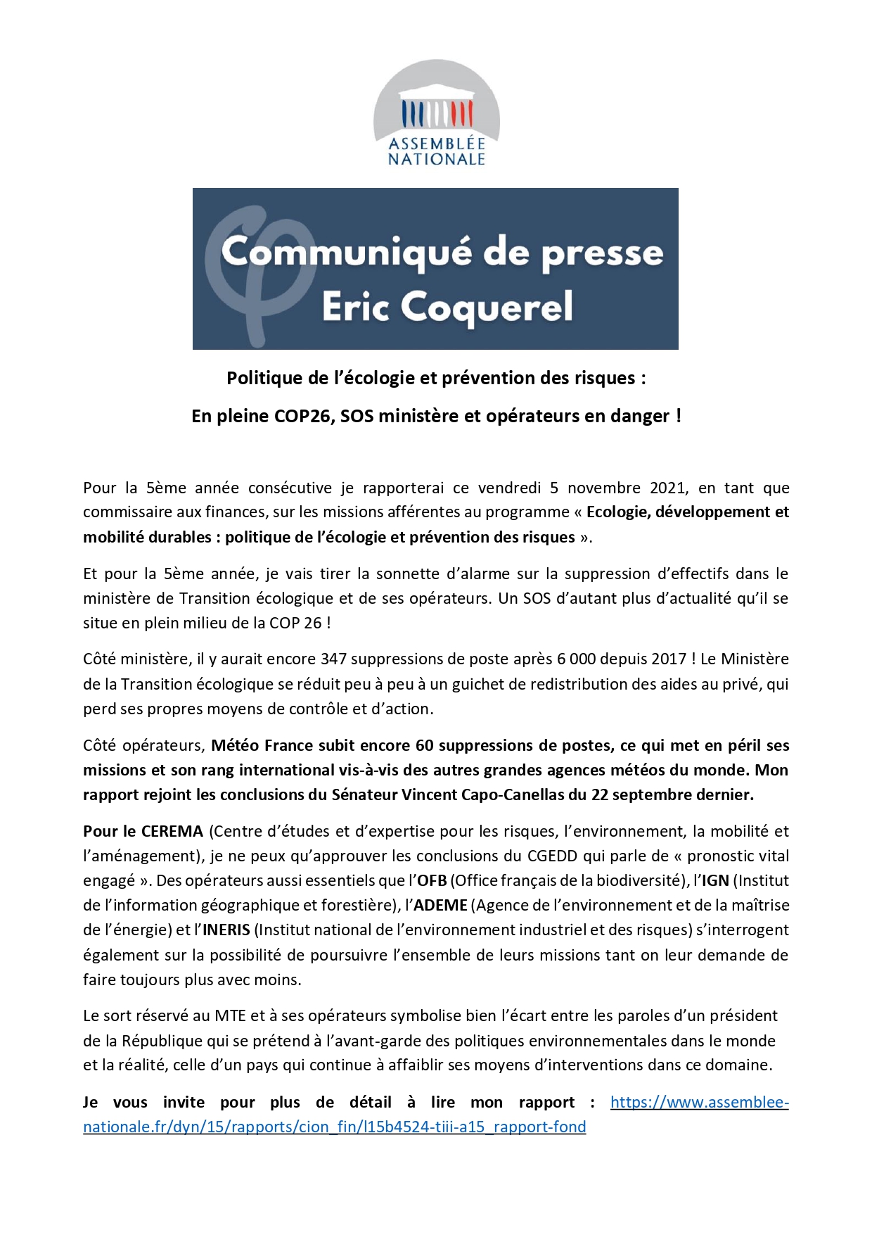 Politique de l’écologie et prévention des risques :  en pleine COP26, SOS ministère et opérateurs en danger !